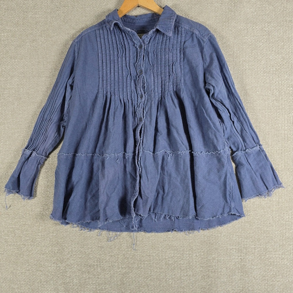 Free People We The Free Blue Gauze Button Up Frayed Hem Boho Peasant Top XS